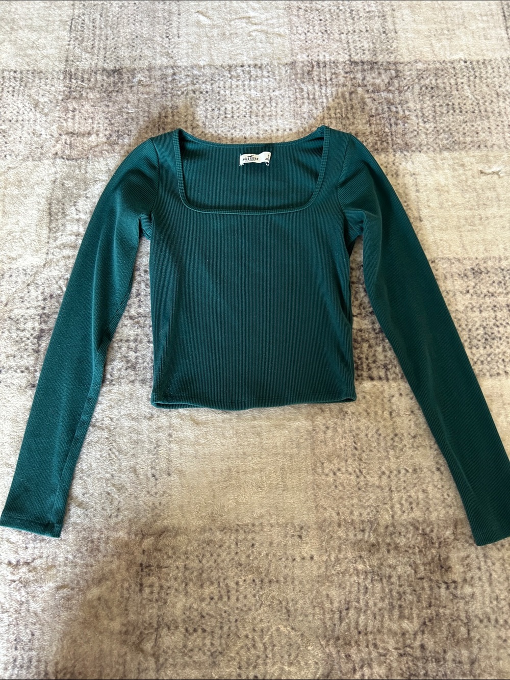 Hollister Deep Green Square Neck Ribbed Long Sleeve Top